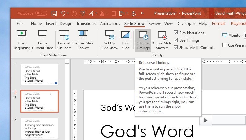image of powerpoint app showing the rehearse timings button on the slide show tab