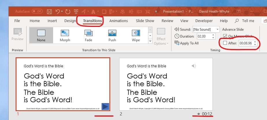 image of powerpoint app showing how to remove the timing from the first slide, on the transitions tab