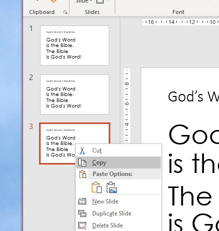 image of powerpoint app showing right click to copy a slide