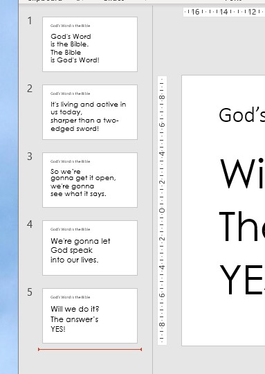 image of powerpoint app showing several completed lyrics slides